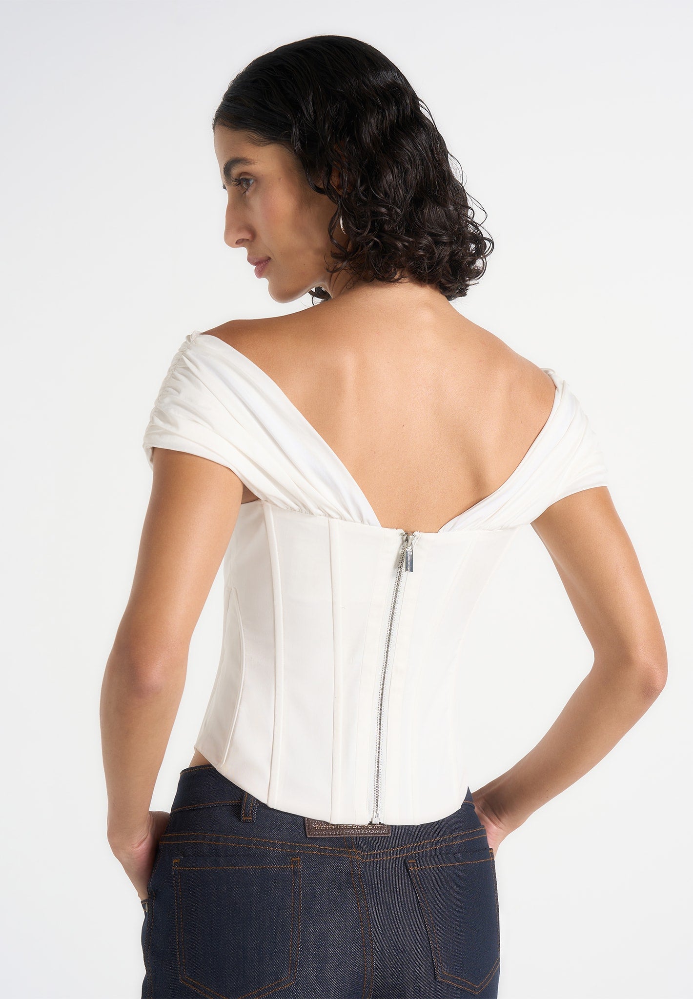 Ursula - Off-Shoulder Pleated Cotton Corset Top - White