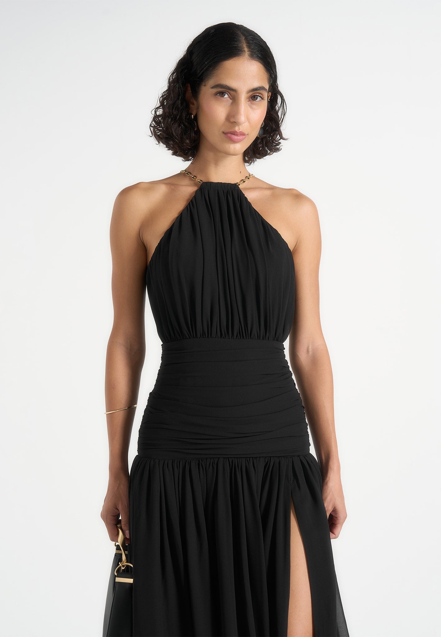 Fabienne - Metallic Ruched Halterneck Maxi Dress - Black