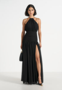 Fabienne - Metallic Ruched Halterneck Maxi Dress - Black