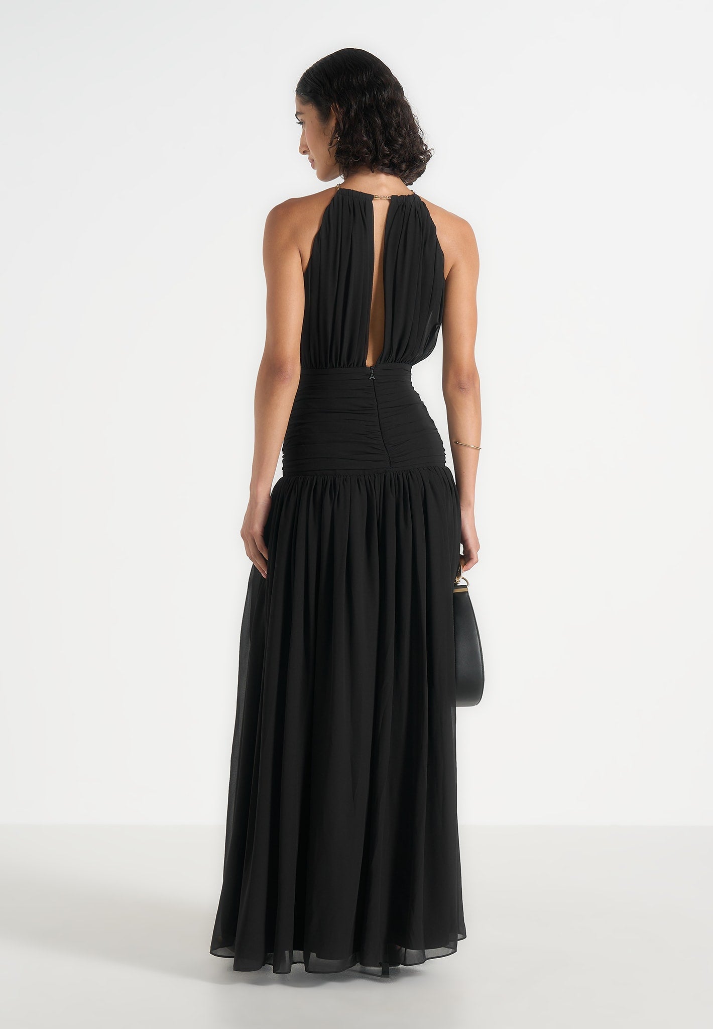 Fabienne - Metallic Ruched Halterneck Maxi Dress - Black