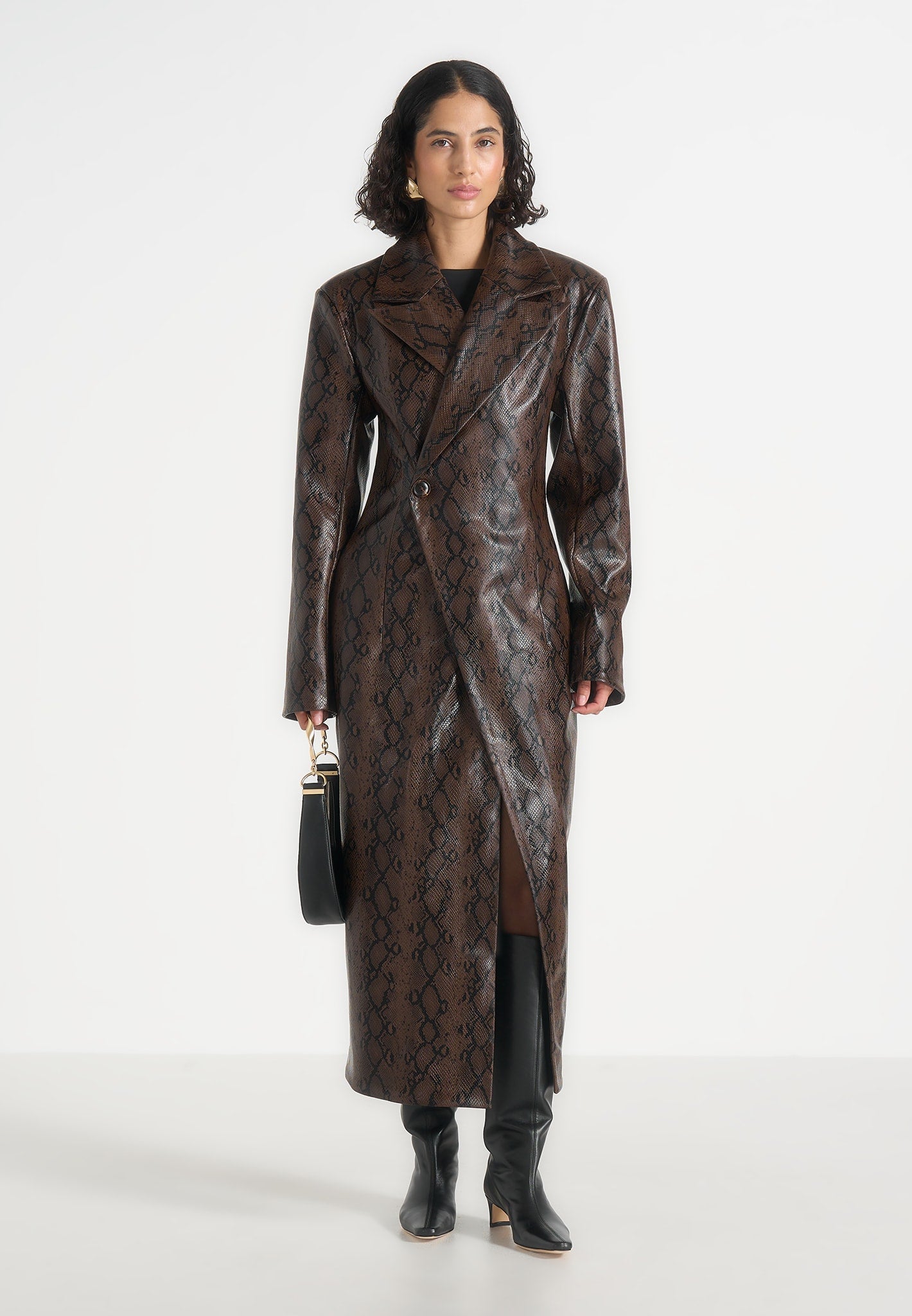 Esma - Python Asymmetric Coat with Cinch Belt - Brown