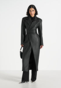 Esma - Leather Asymmetric Coat with Cinch Belt - Black
