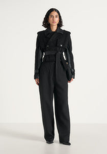 Lelia - Cropped Suede Trench 2-in-1 Gilet Coat With Belt - Black