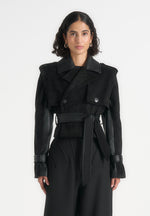 Lelia - Cropped Suede Trench 2-in-1 Gilet Coat With Belt - Black