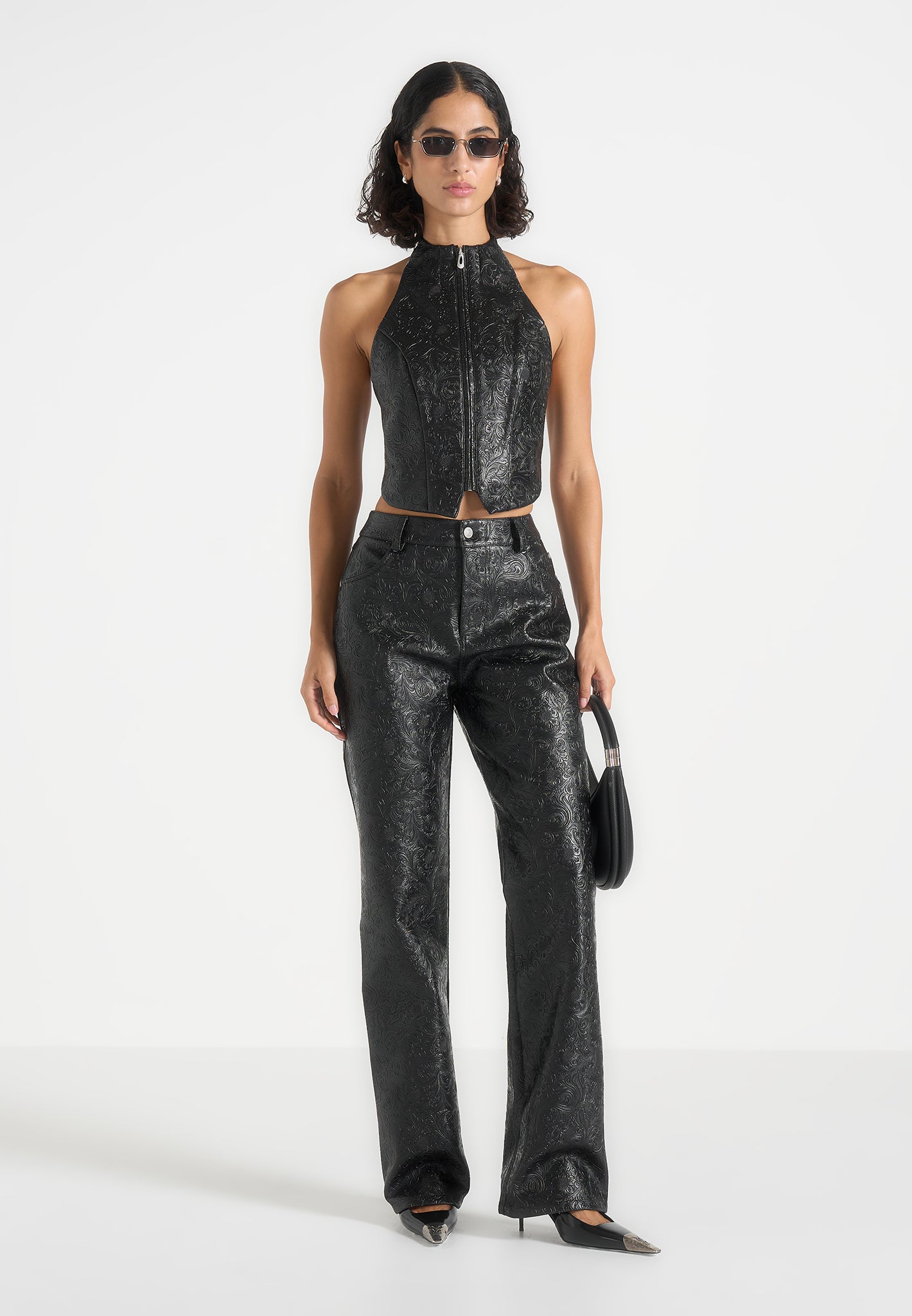 Claudette - Embossed Leather Halterneck Backless Top - Black