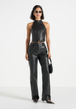 Claudette - Embossed Leather Halterneck Backless Top - Black