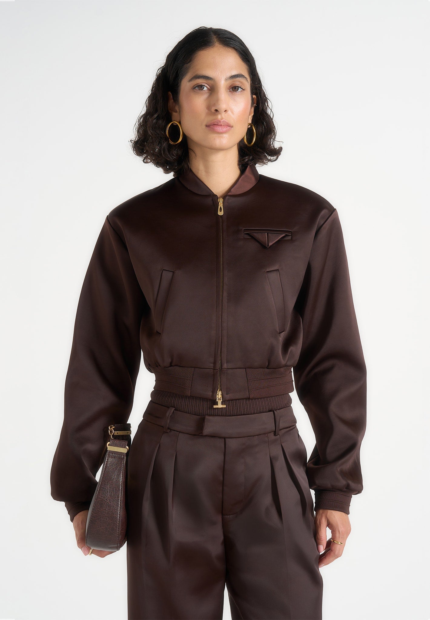 Monique - Satin Wide Shoulder Bomber Jacket - Brown