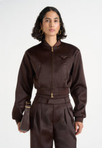 Monique - Satin Wide Shoulder Bomber Jacket - Brown
