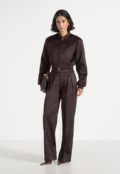 Monique - Satin Wide Shoulder Bomber Jacket - Brown