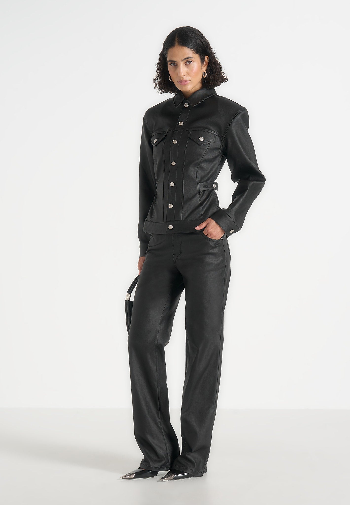 Karla - Wax Effect Cinch Waist Jacket - Black