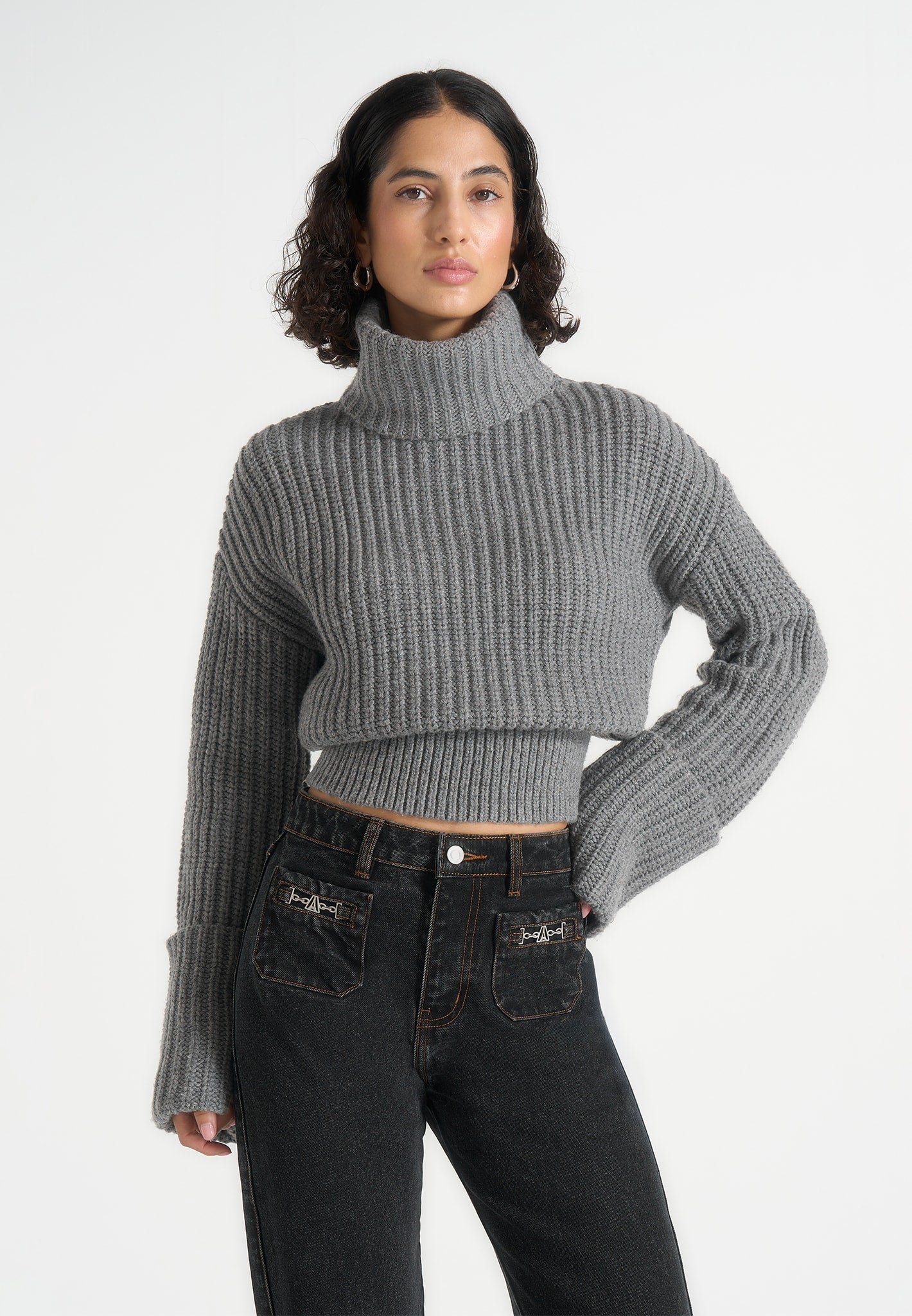 Amaya - Roll Neck Knit Jumper With Cuffs - Grey