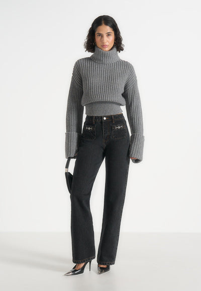 Amaya - Roll Neck Knit Jumper With Cuffs - Grey