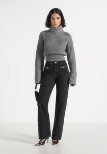 Amaya - Roll Neck Knit Jumper With Cuffs - Grey