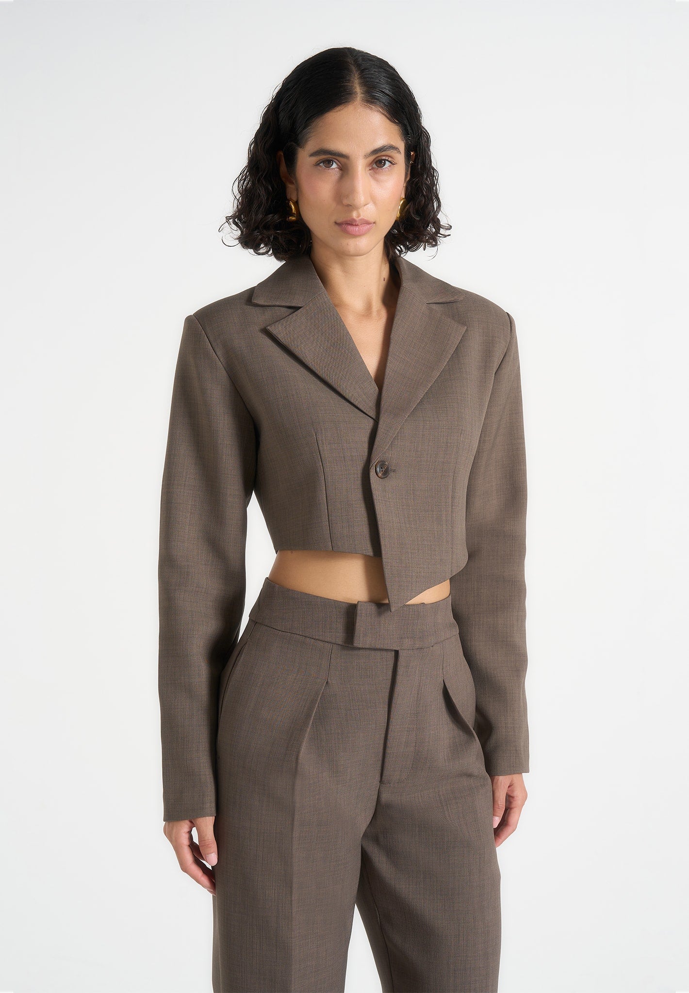 Dina - Asymmetric Tailored Cropped Blazer - Dark Taupe