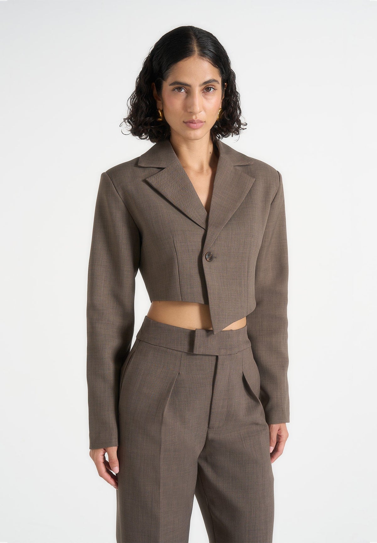 Dina - Asymmetric Tailored Cropped Blazer - Dark Taupe