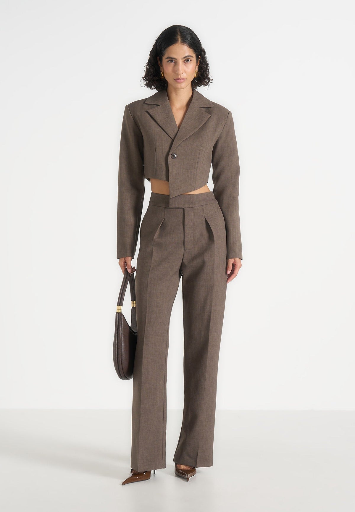 Dina - Asymmetric Tailored Cropped Blazer - Dark Taupe