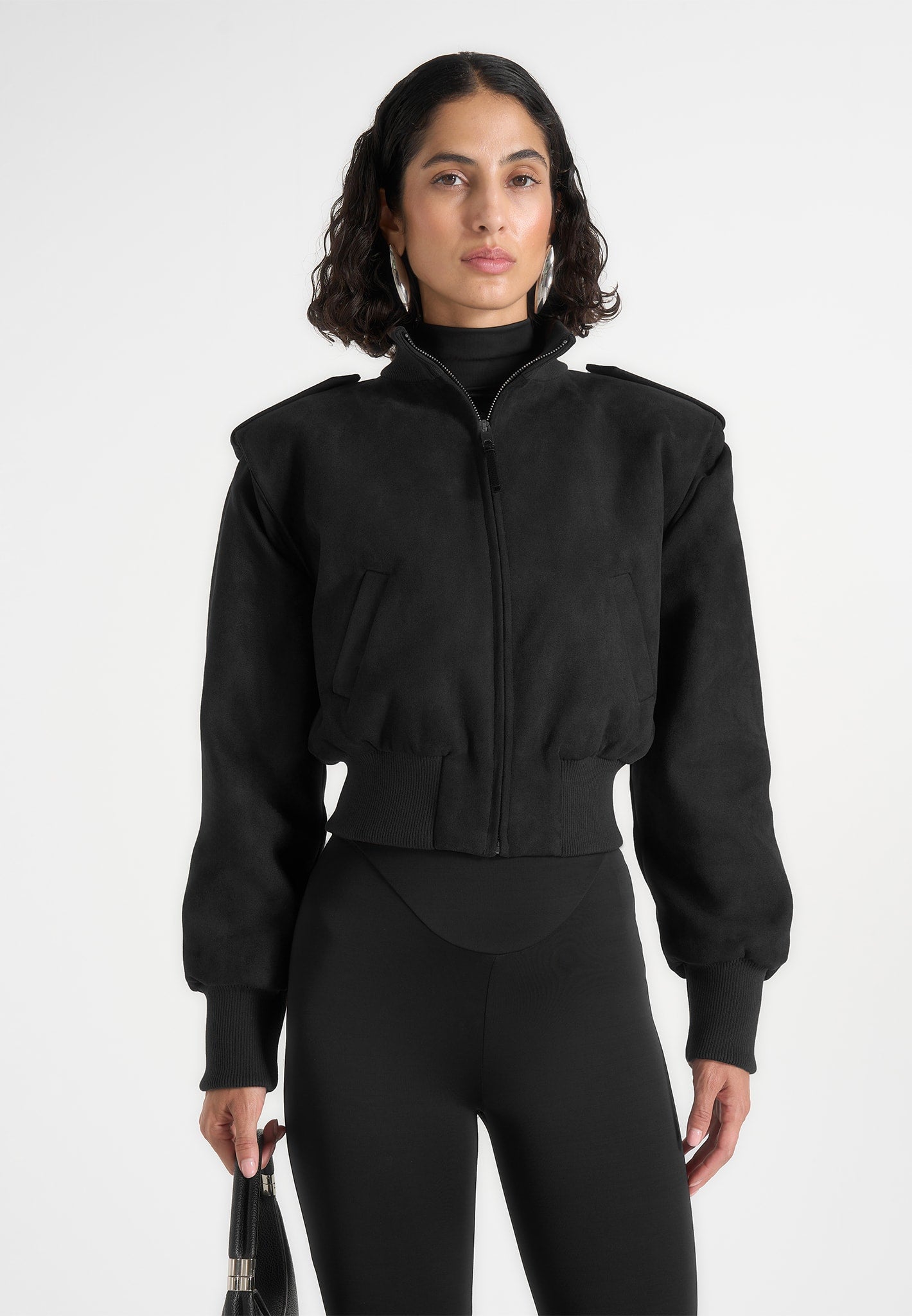 Delfina - Suede Layered-Shoulder Cropped Bomber Jacket - Black