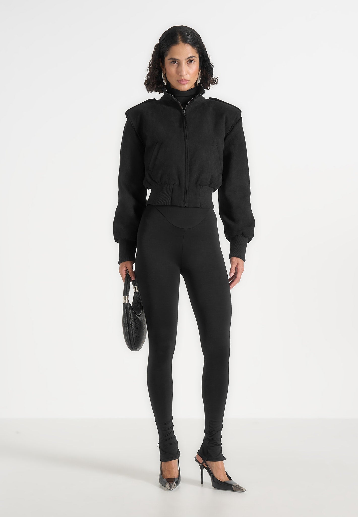 Delfina - Suede Layered-Shoulder Cropped Bomber Jacket - Black