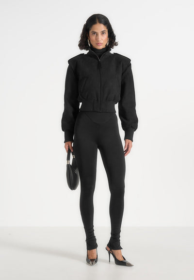Delfina - Suede Layered-Shoulder Cropped Bomber Jacket - Black
