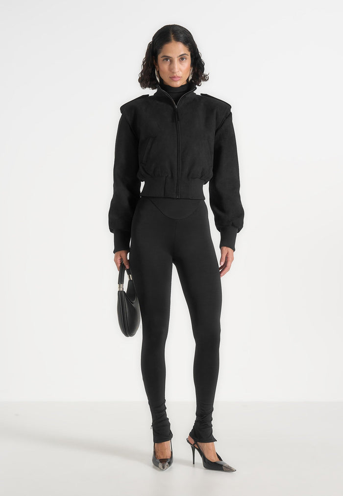 Delfina - Suede Layered-Shoulder Cropped Bomber Jacket - Black