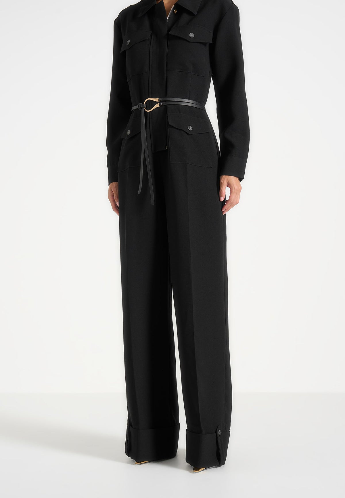 Ruby - Tailored Belted Cargo-Pocket Jumpsuit - Black