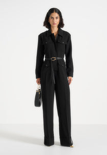 Ruby - Tailored Belted Cargo-Pocket Jumpsuit - Black