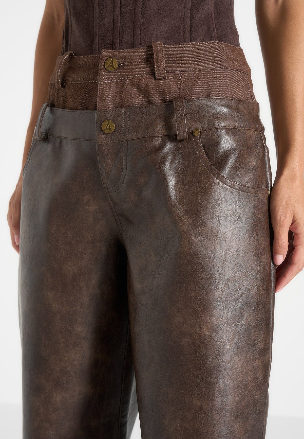 Carmen - Double Waistband Vintage Leather & Denim Trousers - Brown