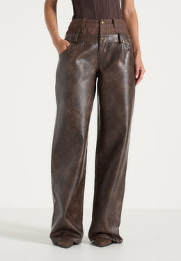 Carmen - Double Waistband Vintage Leather & Denim Trousers - Brown