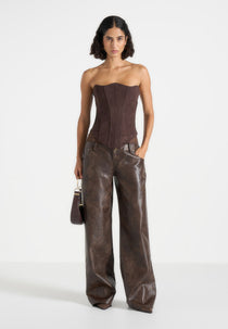 Carmen - Double Waistband Vintage Leather & Denim Trousers - Brown