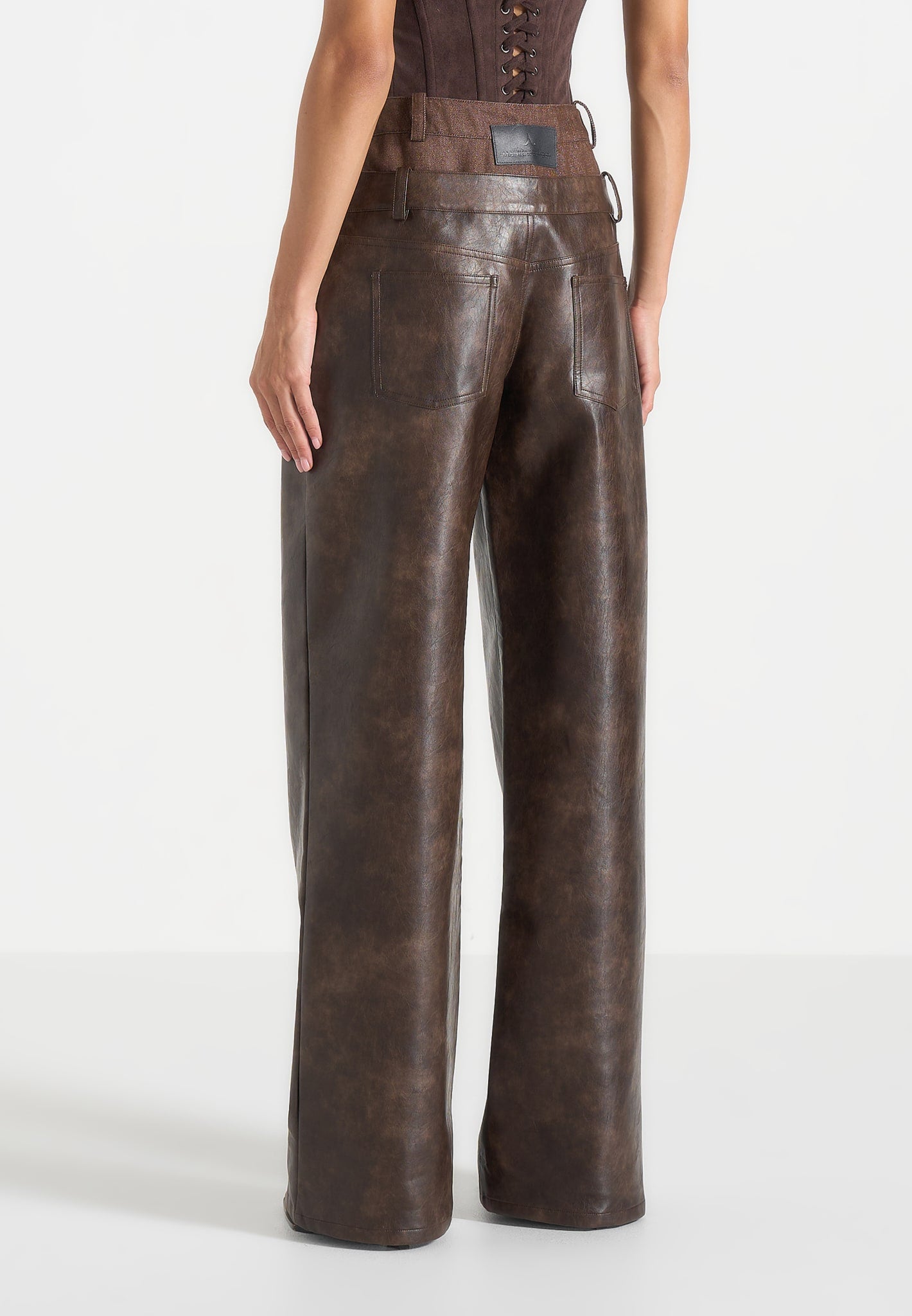Carmen - Double Waistband Vintage Leather & Denim Trousers - Brown