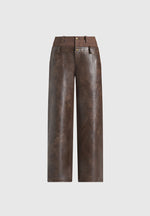 Carmen - Double Waistband Vintage Leather & Denim Trousers - Brown