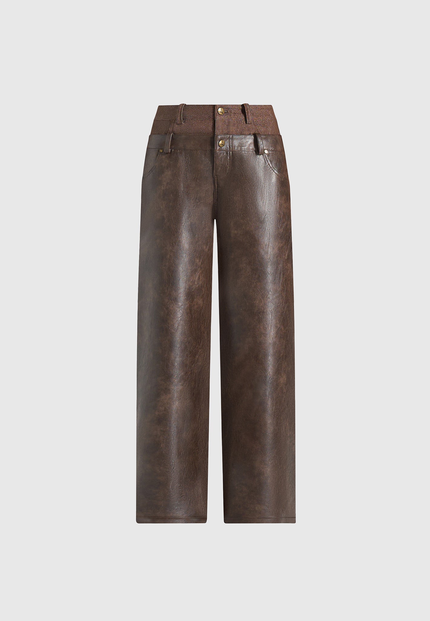 Carmen - Double Waistband Vintage Leather & Denim Trousers - Brown