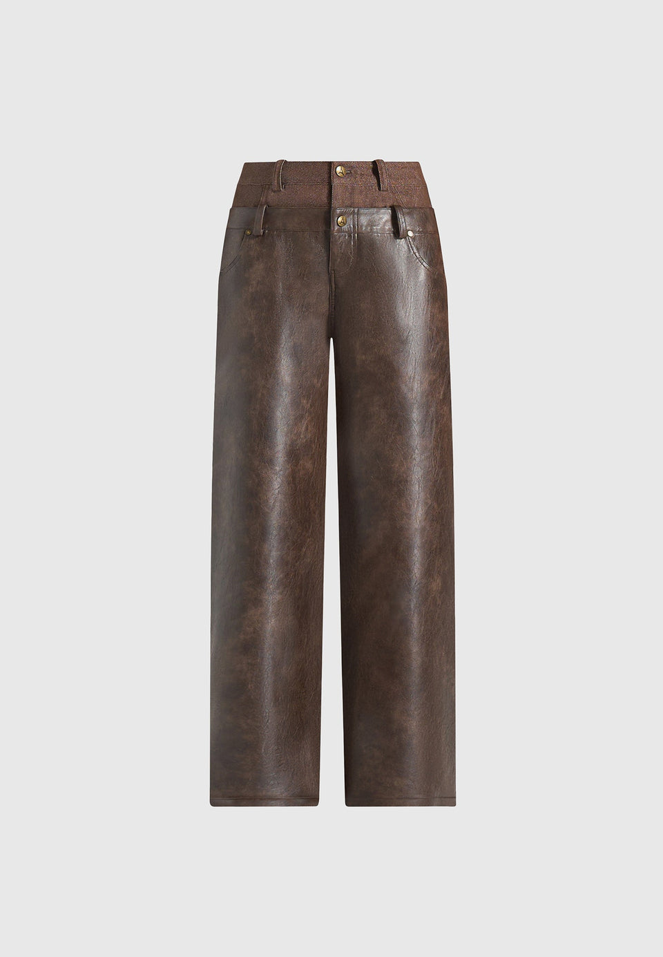 Carmen - Double Waistband Vintage Leather & Denim Trousers - Brown