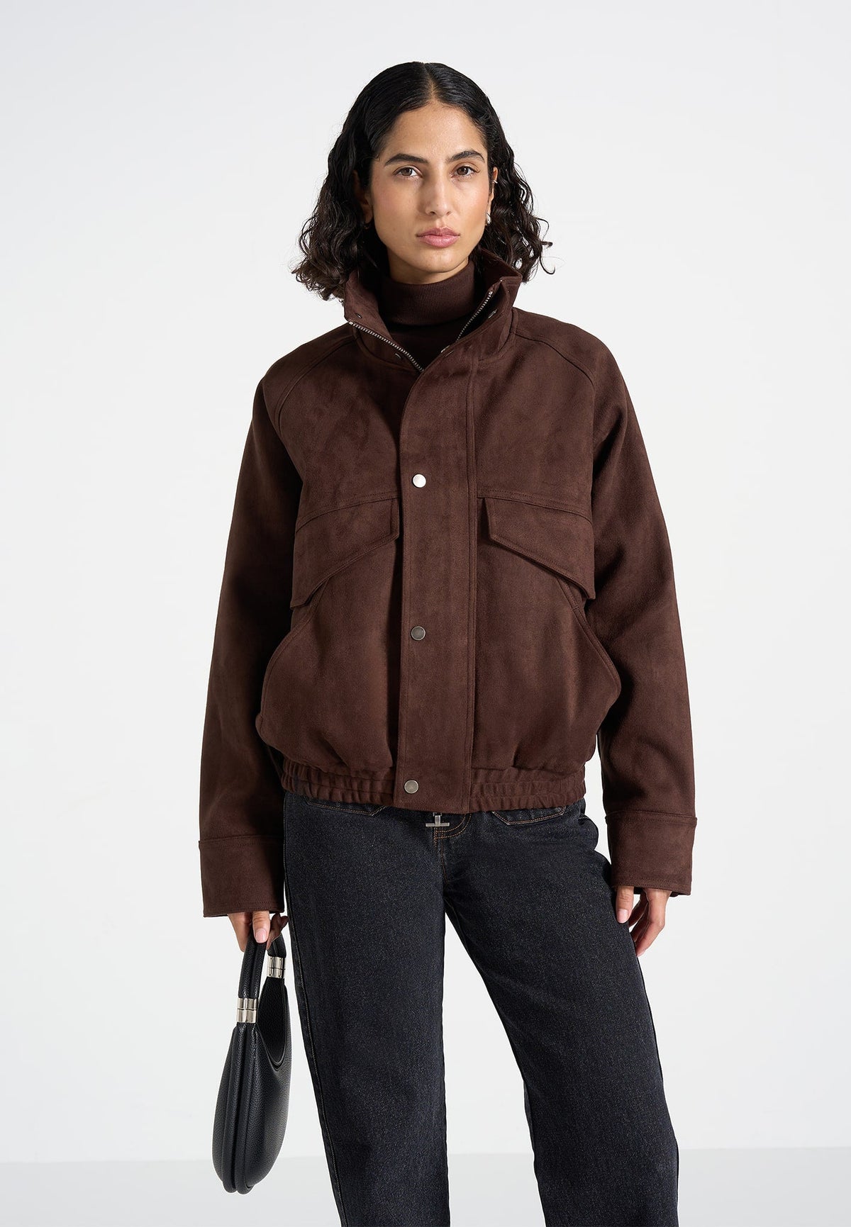Romain - Unisex Suede Funnel Neck Bomber Jacket - Brown