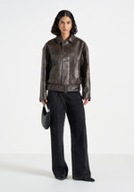 Ezra - Unisex Vintage Leather Belted Bomber Jacket - Brown