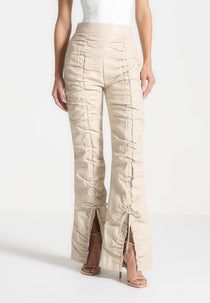 Leather Ruched Pants - Beige