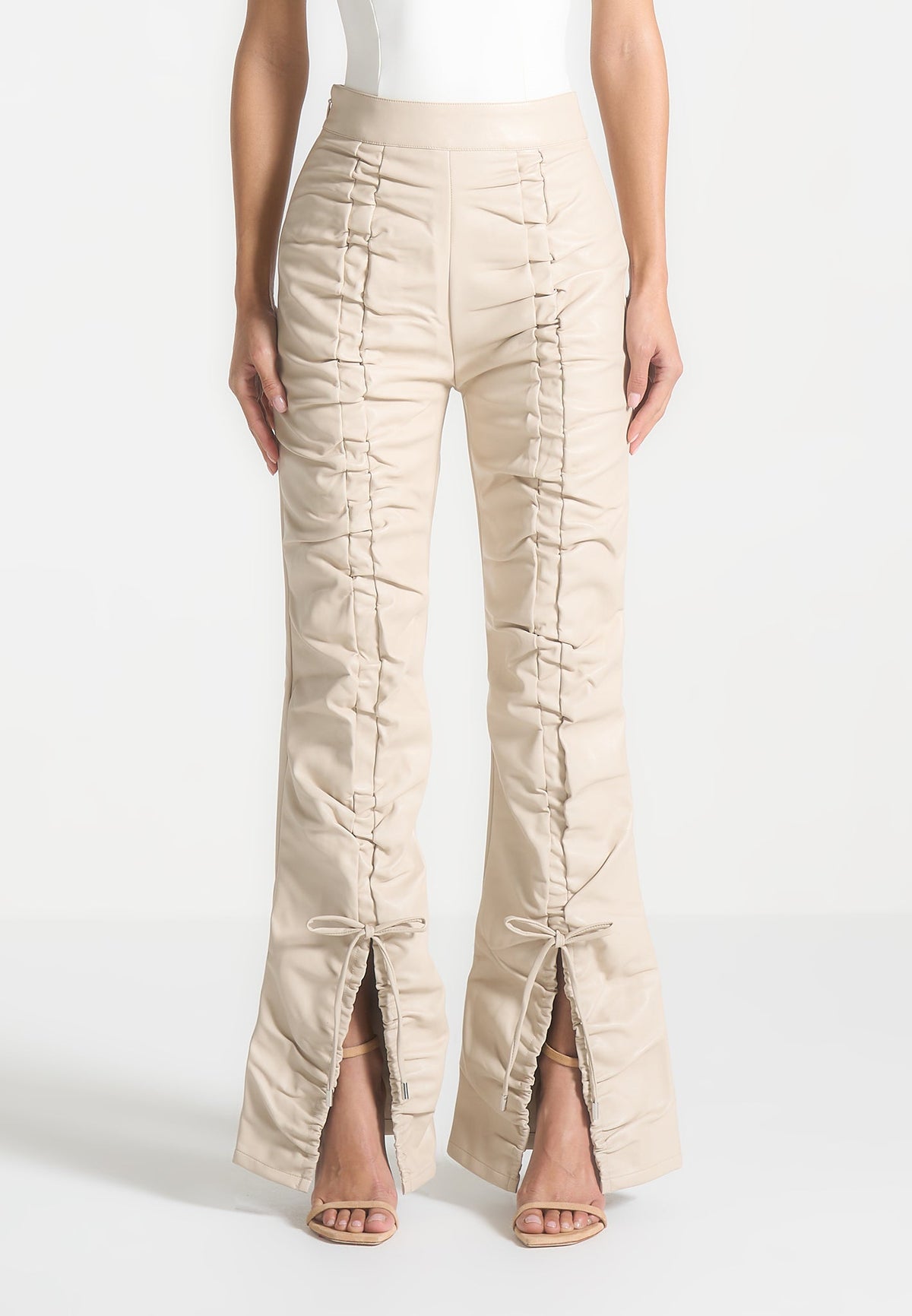 Leather Ruched Pants - Beige