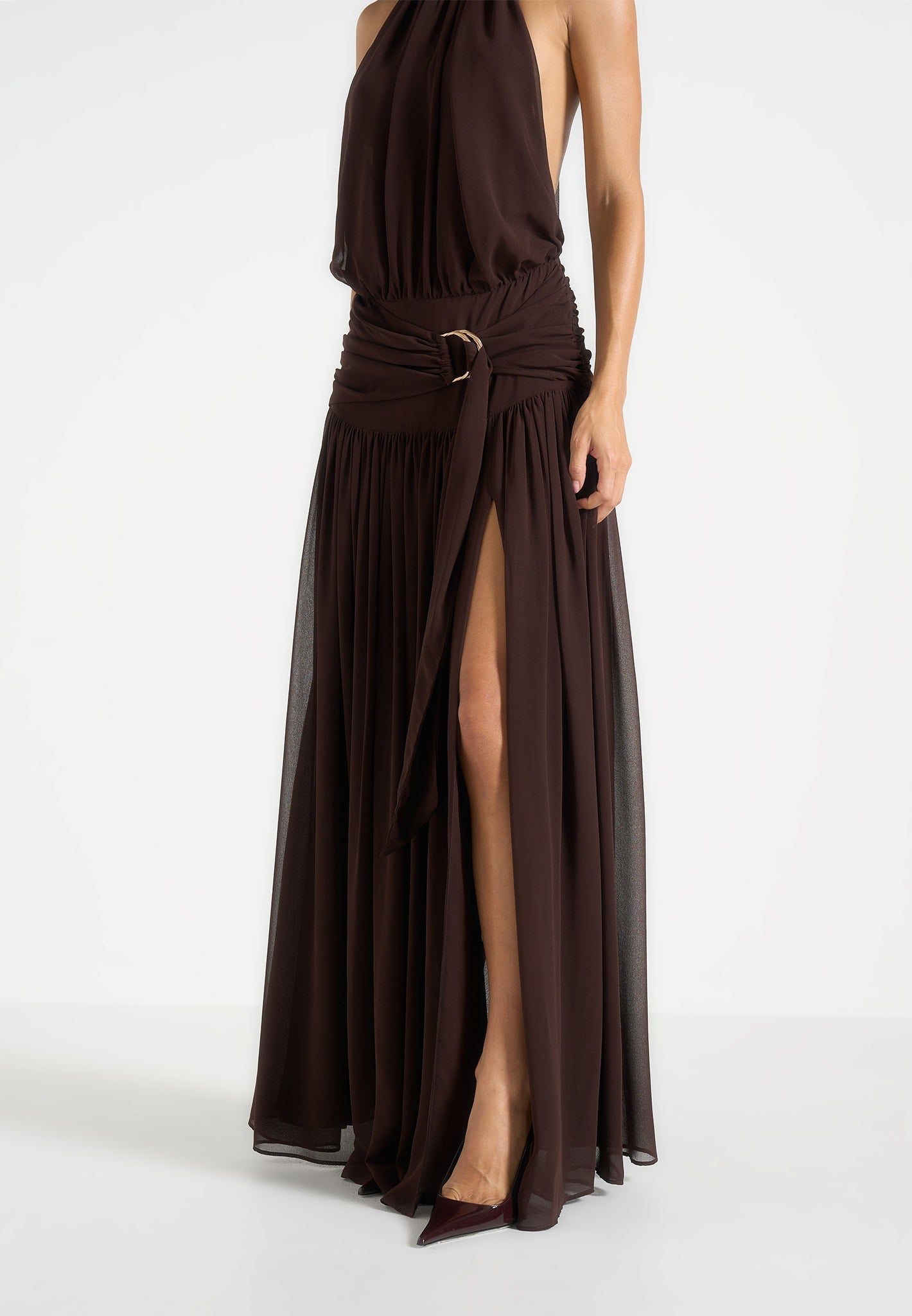 Matilda - Halter Neck Draped Hardware Maxi Dress - Brown