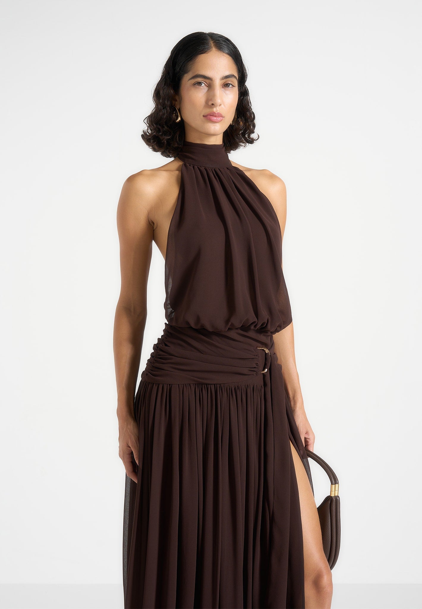 Matilda - Halter Neck Draped Hardware Maxi Dress - Brown