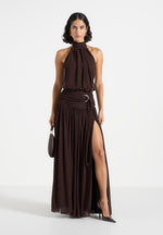 Matilda - Halter Neck Draped Hardware Maxi Dress - Brown