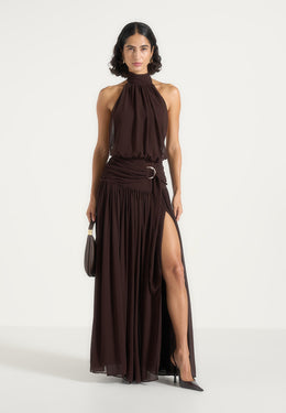 Matilda - Halter Draped Hardware Maxi Dress - Brown