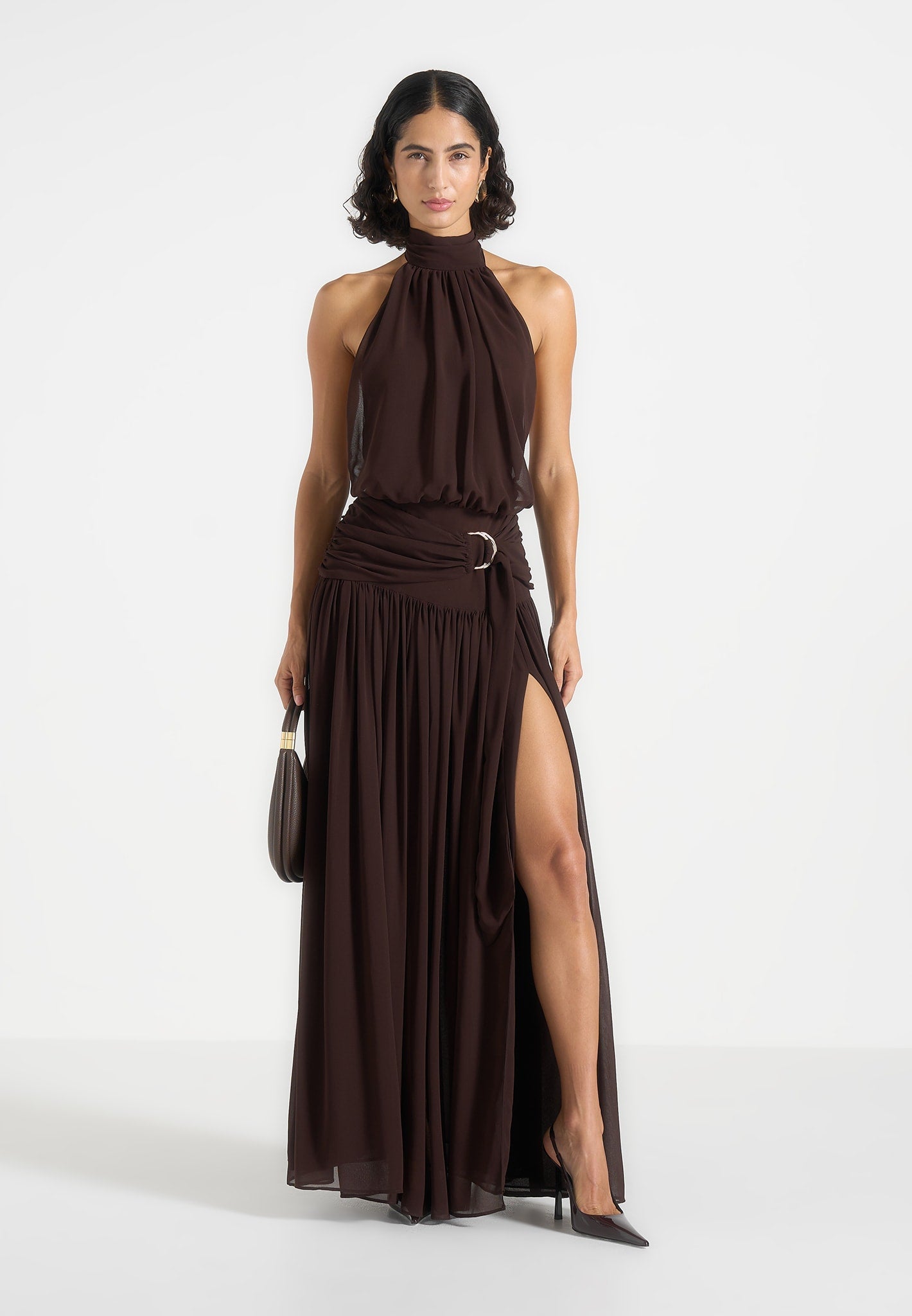 Matilda - Halter Neck Draped Hardware Maxi Dress - Brown