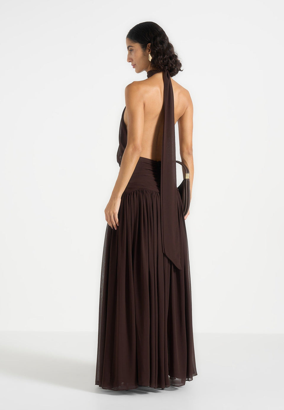 Matilda - Halter Neck Draped Hardware Maxi Dress - Brown
