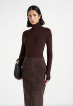 Madeline - Wool-Blend Turtleneck Knit Bodysuit - Brown