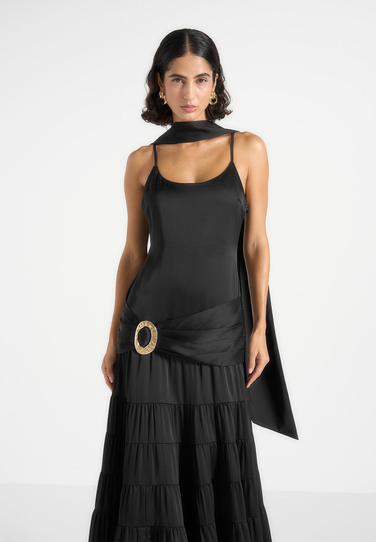 Naomi - Cami Satin Tiered Belted Maxi Dress - Black
