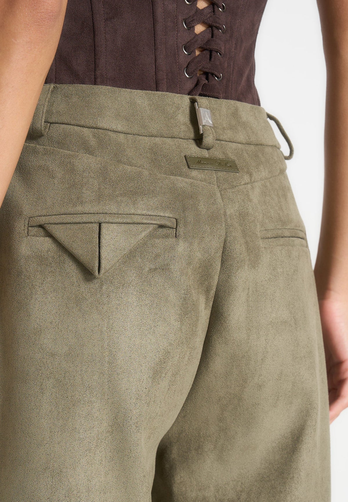 Solene - Suede Wide Leg Pleated Pants - Dark Sage