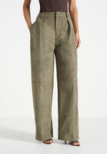 Solene - Suede Wide Leg Pleated Pants - Dark Sage