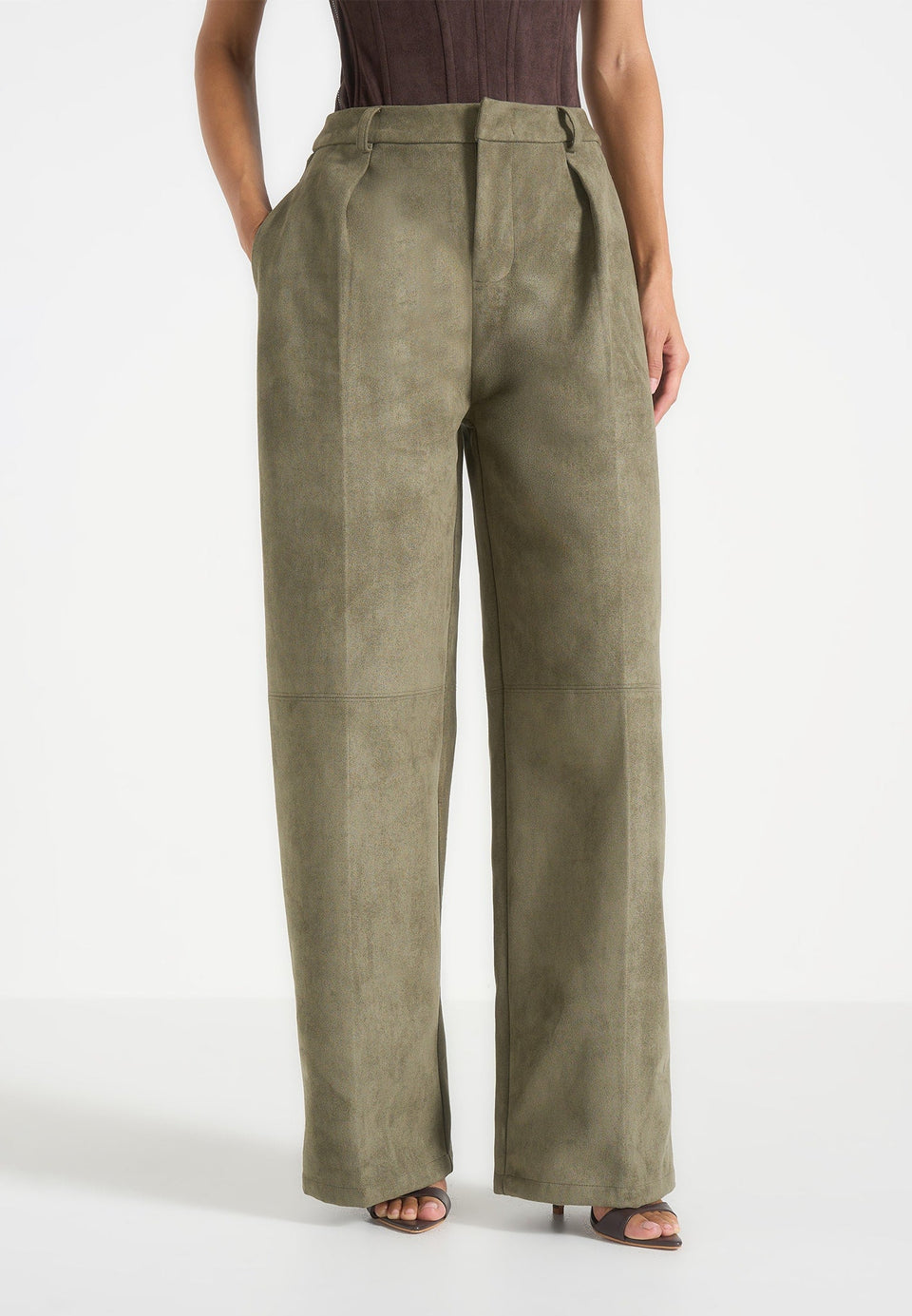Solene - Suede Wide Leg Pleated Pants - Dark Sage