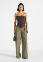 Solene - Suede Wide Leg Pleated Pants - Dark Sage