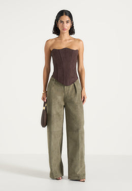 Solene - Suede Wide Leg Pleated Trousers - Dark Sage